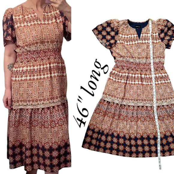 Isabel & Nina Navy Blue Red Multi Printed Short Sleeve Midi Tiered Dress Large - Picture 13 of 14